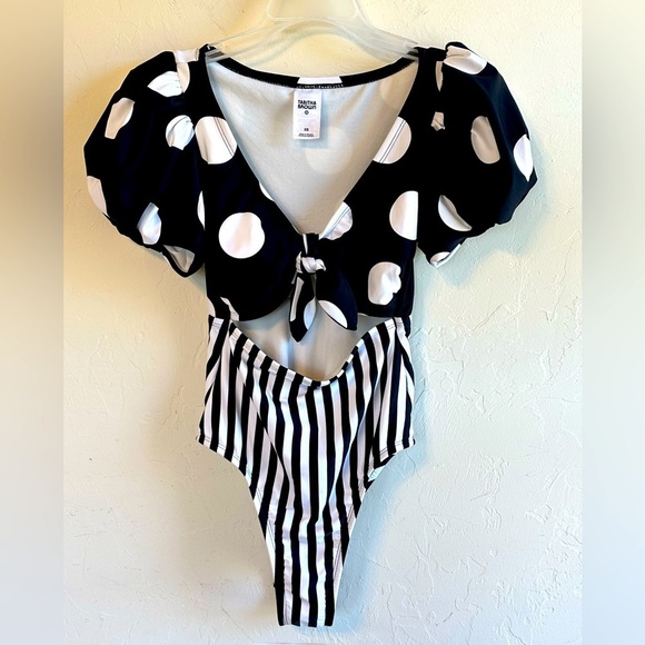 NWOT Tabitha Brown Retro Black & White Polka Dot/Stripe One-Piece Swimsuit Sz XS - Picture 1 of 10